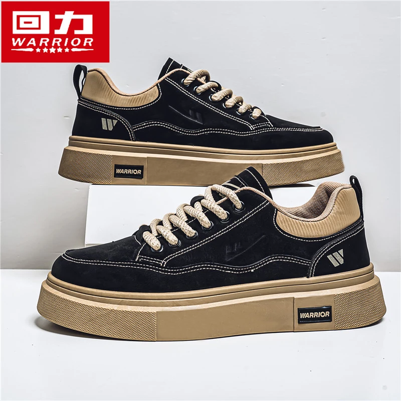 回力休闲板鞋黑色男鞋秋季新款皮面厚底防滑厨师鞋上班工作鞋潮鞋