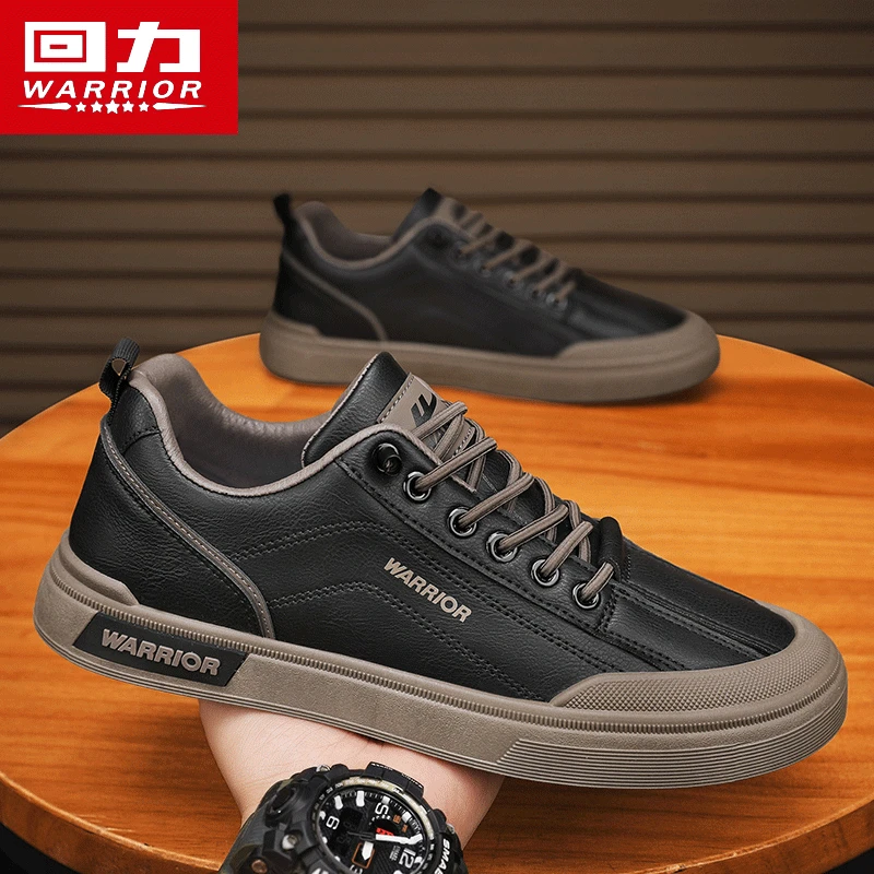 回力男鞋秋季男士休闲皮鞋黑色厨房厨师防水防滑工作上班劳保板鞋