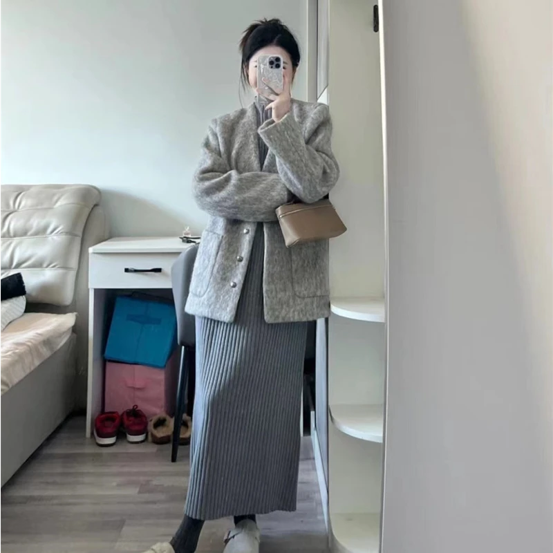 半高领针织连衣裙+系腰带V领单排扣毛呢大衣外套女2024年秋季新款