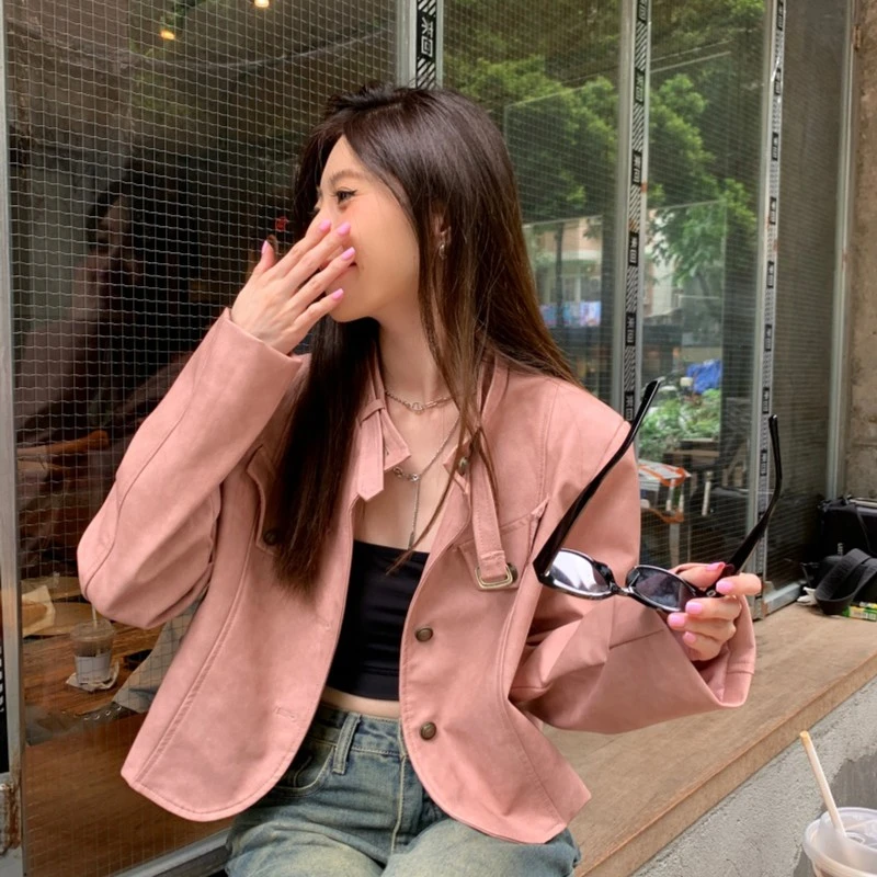 秋季复古粉色皮衣外套女小众设计感宽松显瘦短款机车夹克上衣韩版