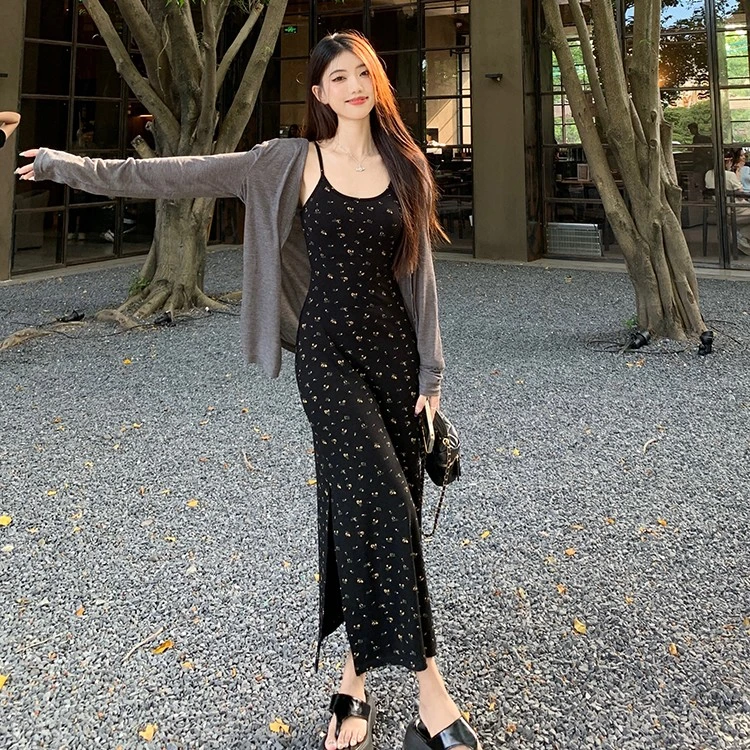 高级感法式气质高腰显瘦针织碎花吊带连衣裙防晒开衫上衣复古长裙