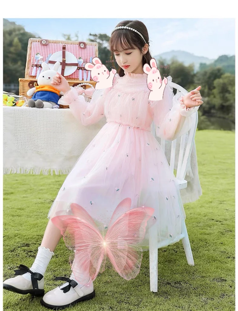 秋冬24新款下雪小花女童婚礼气质甜美优雅加厚保暖女孩公主连衣裙