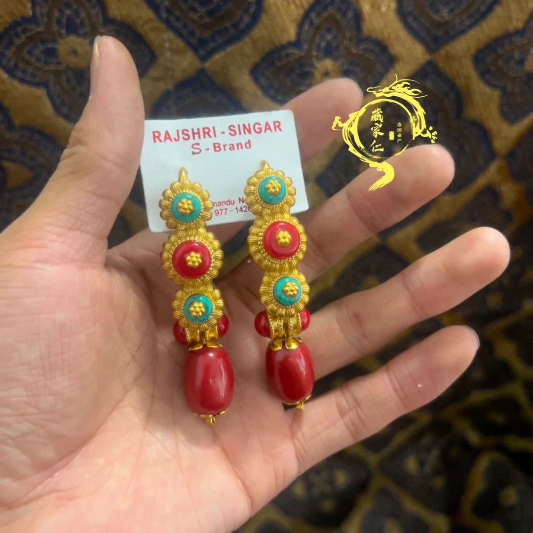铜合金仿珍珠耳饰 藏家仁耳环新款藏族不掉色尼泊尔镀金耳环
