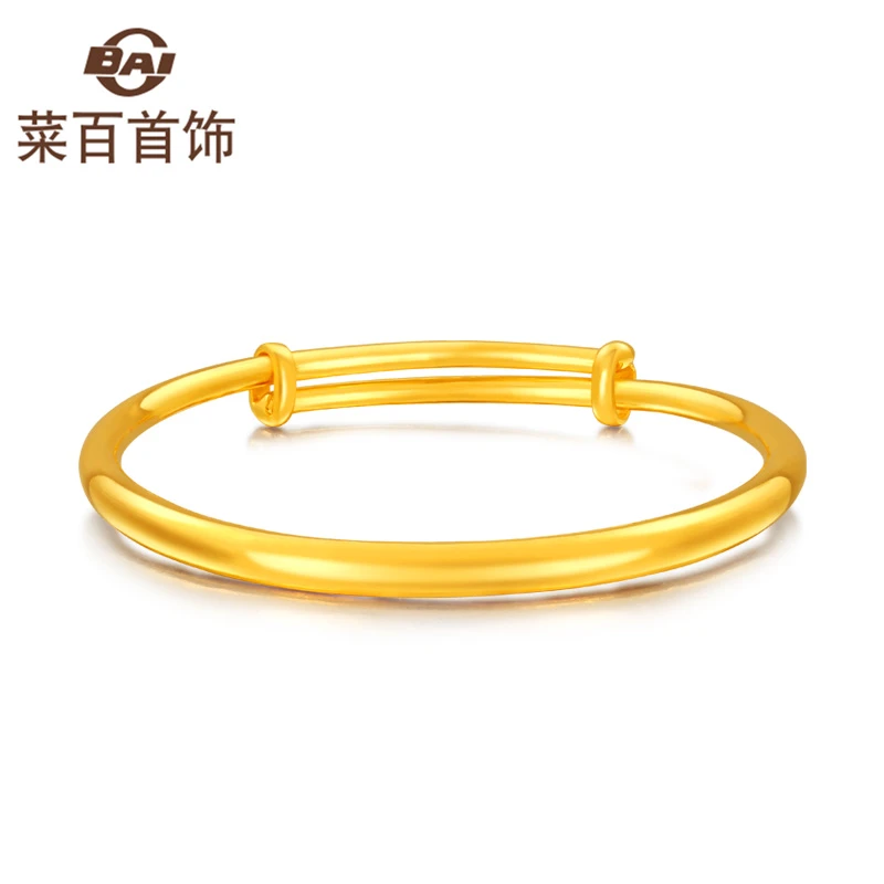 菜百首饰 黄金手镯 时尚抛光素圈足金手镯推拉活圈手镯可调节光面