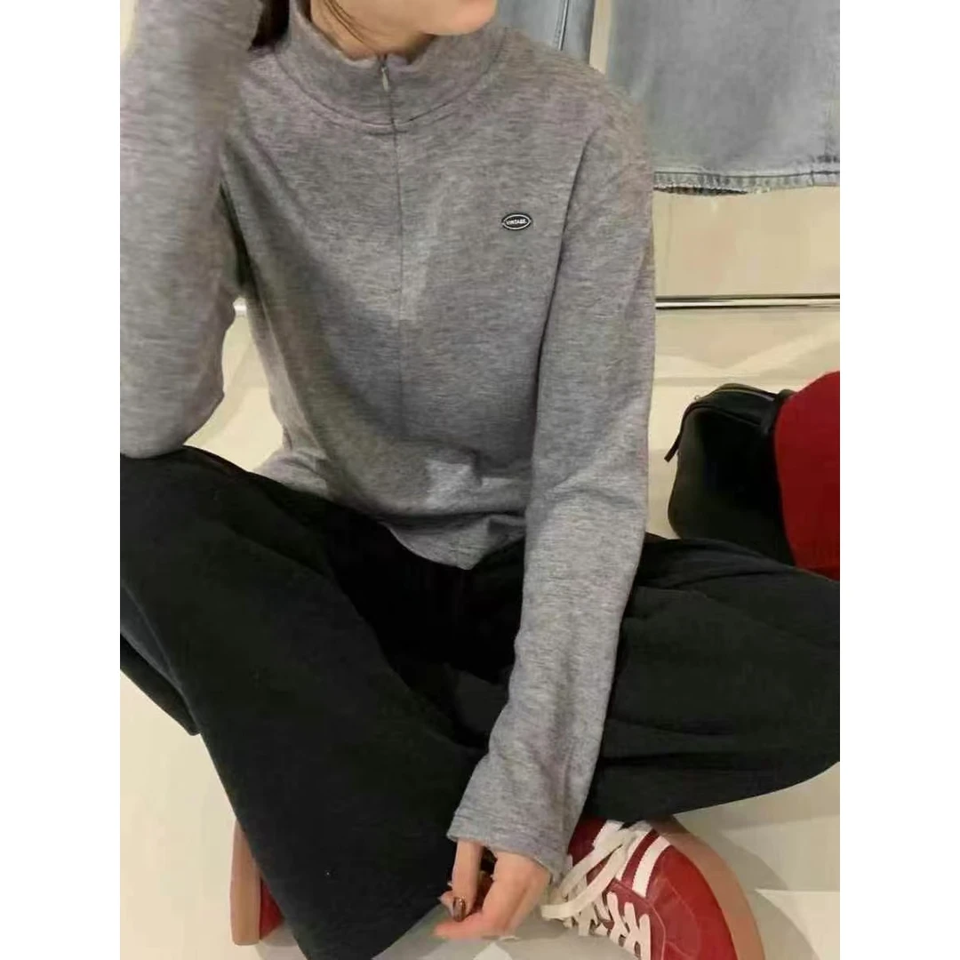 清HMY 30008秋冬加绒半拉链小贴标字母修身显瘦长袖T恤上衣打底衫