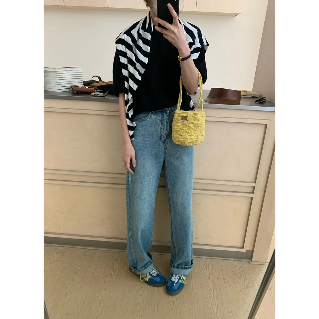 清 GL- 3325 韩版做旧水洗蓝宽松牛仔直筒裤阔腿裤大长腿拖地裤