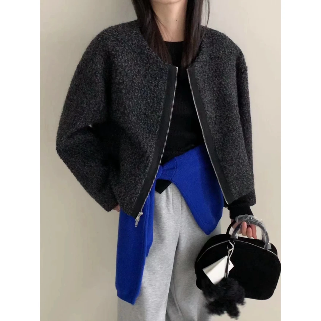 清 7751 欧货个性圈圈毛毛外套撞色皮边小个子双拉链短款毛呢外套
