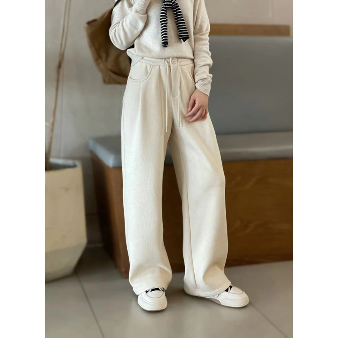 清 2751韩国加绒加厚一粒扣系带松紧腰舒适显瘦休闲裤直筒阔腿裤