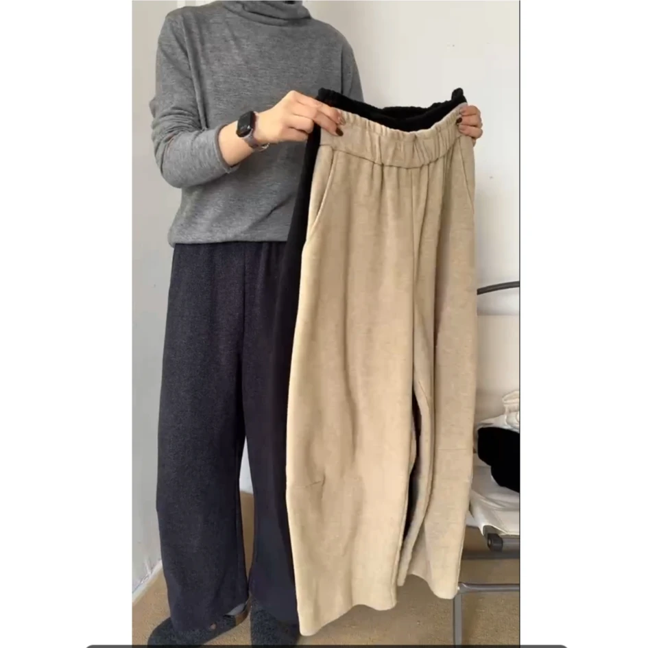 清 9070 过冬加绒毛呢裤松紧腰温暖棉羊毛厚实加热镰刀裤休闲裤