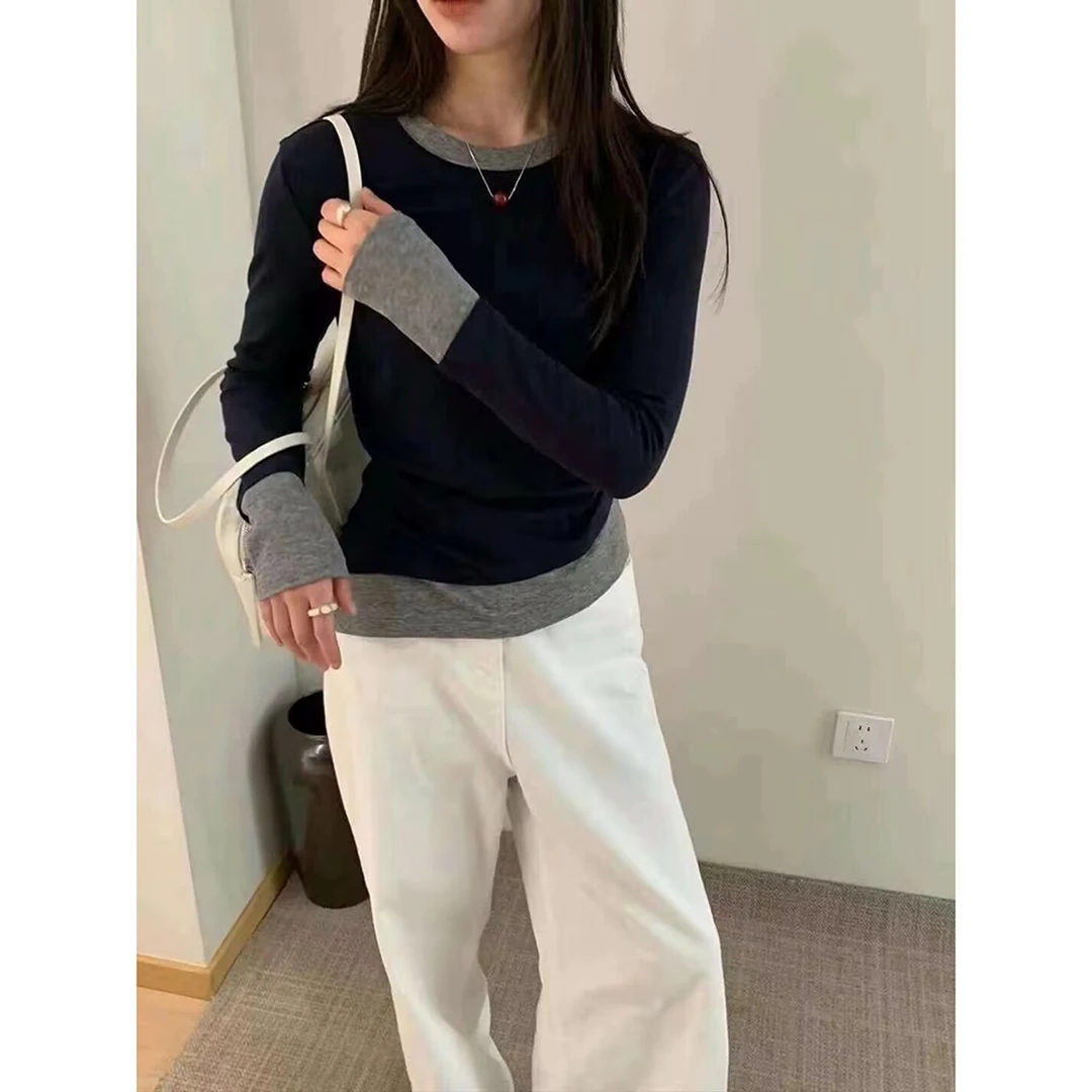 MOGO 2961 韩版简约宽松圆领撞色斜边长袖T恤女打底衫假两件上衣