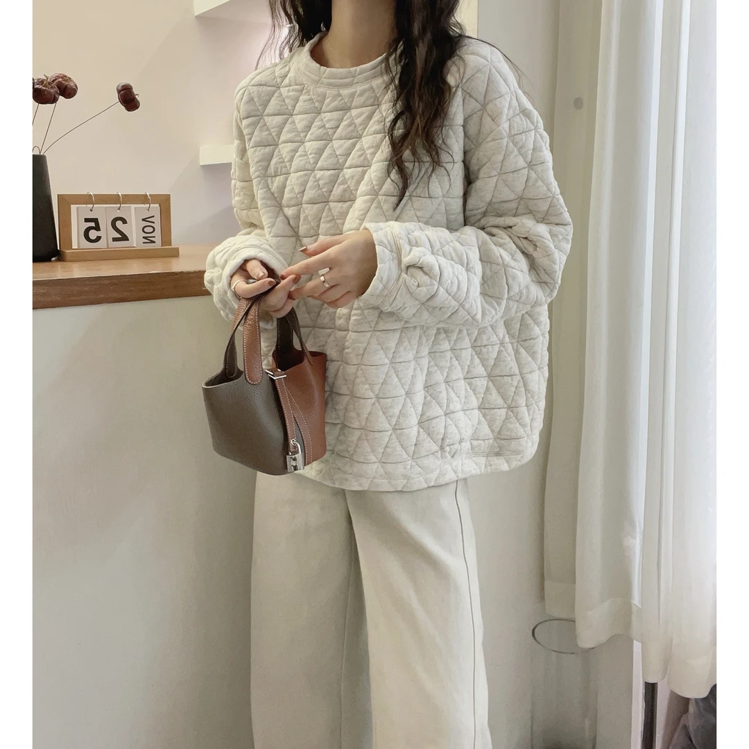 清HMY 30019 韩系宽松后刺绣四角线菱格纹理复合面慵懒风套头卫衣