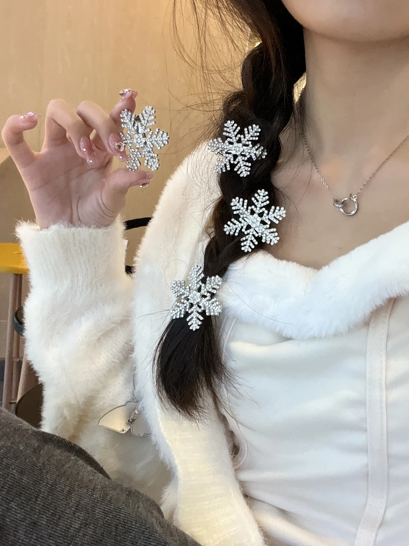 秋冬闪钻银色雪花发夹简约百搭侧边鸭嘴夹前额刘海碎发夹精致发卡