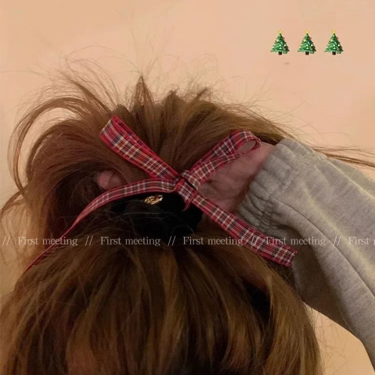 圣诞蝴蝶结发饰女红色系格子发圈甜美头饰精致头绳皮筋发绳