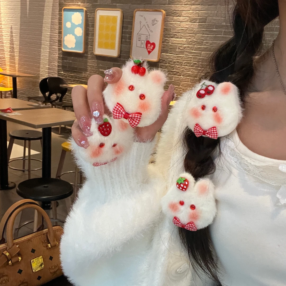 樱桃草莓小兔毛茸发圈发夹ins女软萌可爱腮红兔发绳学生马尾发饰