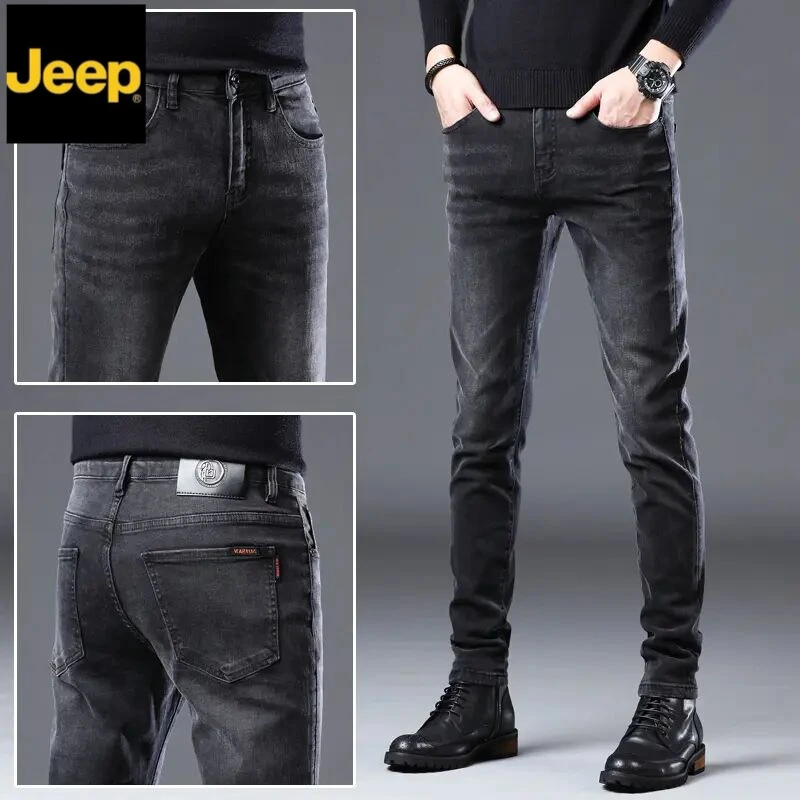 jeep吉普秋冬新款黑色牛仔裤男修身小脚高端弹力韩版休闲男士长裤