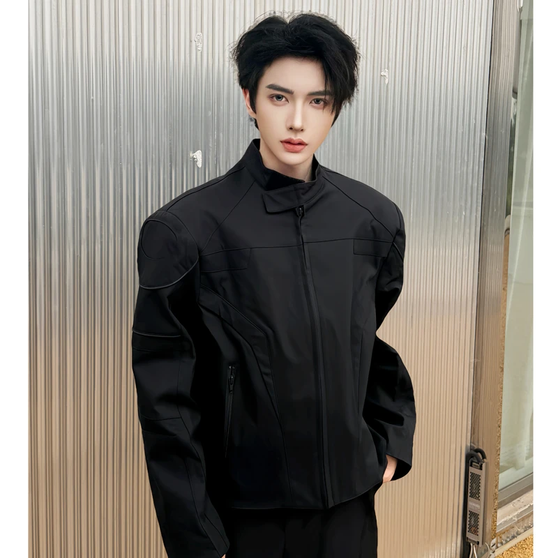 黑色短款垫肩外套男款痞帅高级感cleanfit男模穿搭廓形立领夹克衫
