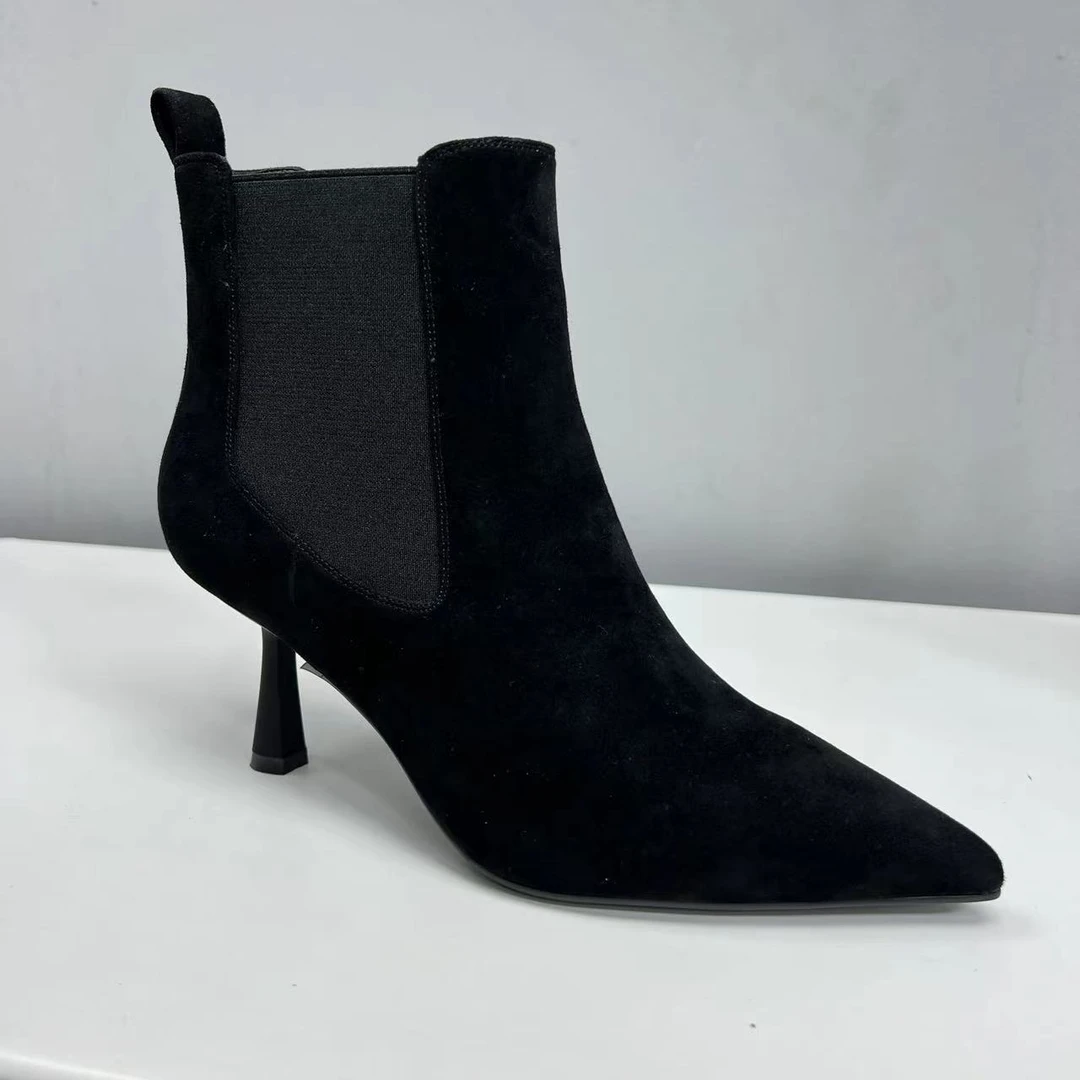 女士极简久站不累脚尖头短靴时尚7CM百搭气质羊猄皮皮里绒里短靴