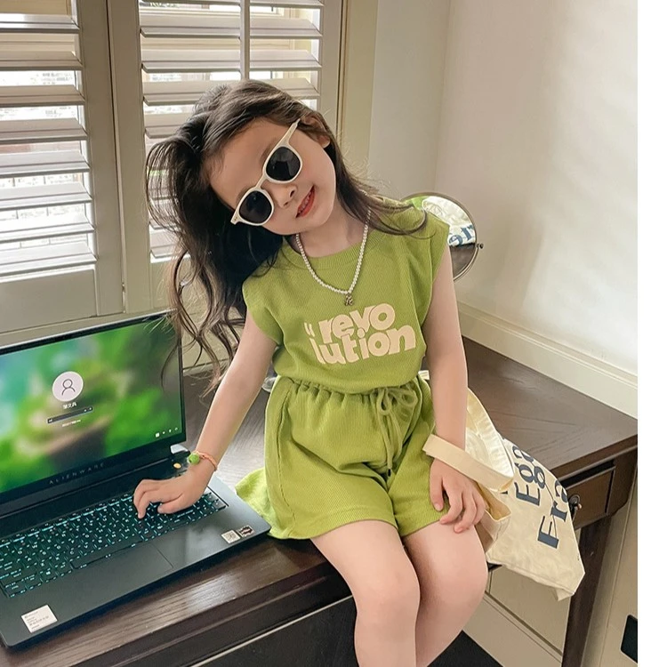 艾妮贝贝小女孩夏季套装休闲女童套装薄款洋气华夫格宽松短袖短裤