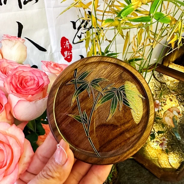杯垫掐丝珐琅工艺（8.8X8.8 胡桃木托盘已覆防水膜）纯手工圆形壶垫