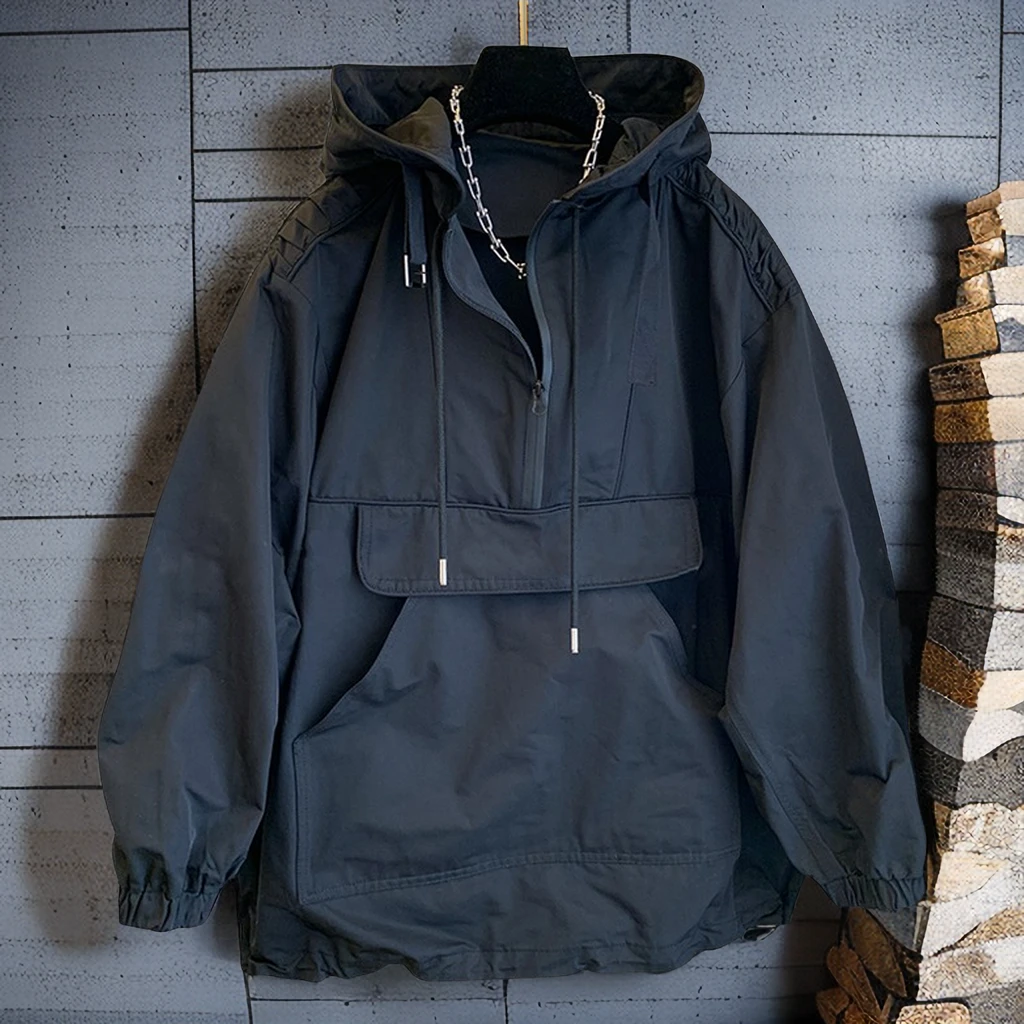 潮牌纯色男款冲锋衣外套男女春秋款韩版潮流连帽工装拼接休闲风衣