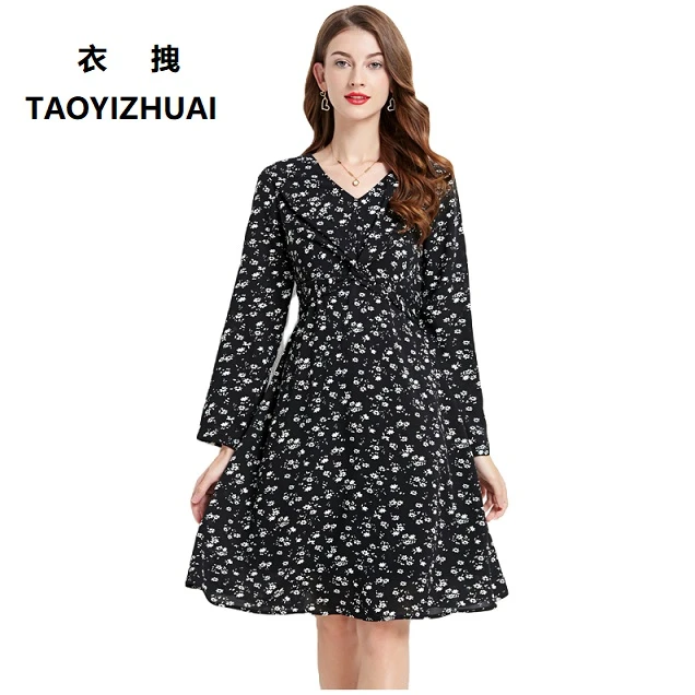 碎花连衣裙女 夏秋新款雪纺V领高腰赫本风黑色遮阳防晒长袖透气裙
