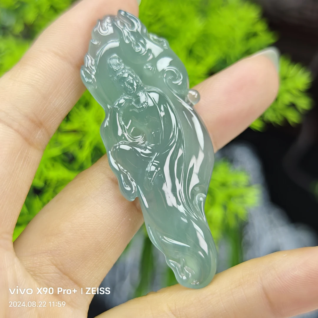天然A货翡翠定制随行站姿观音吊坠，尺寸61*23.2*5.9
