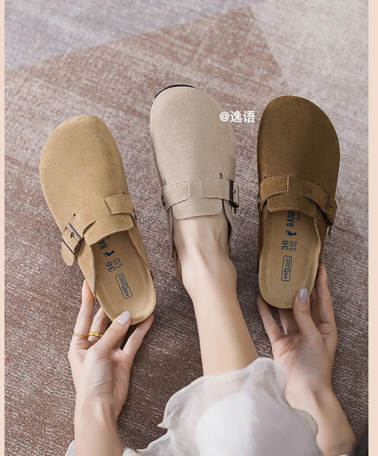 【清】2024牛反绒勃肯鞋女包头软木底增高半拖鞋外穿一脚蹬909-8