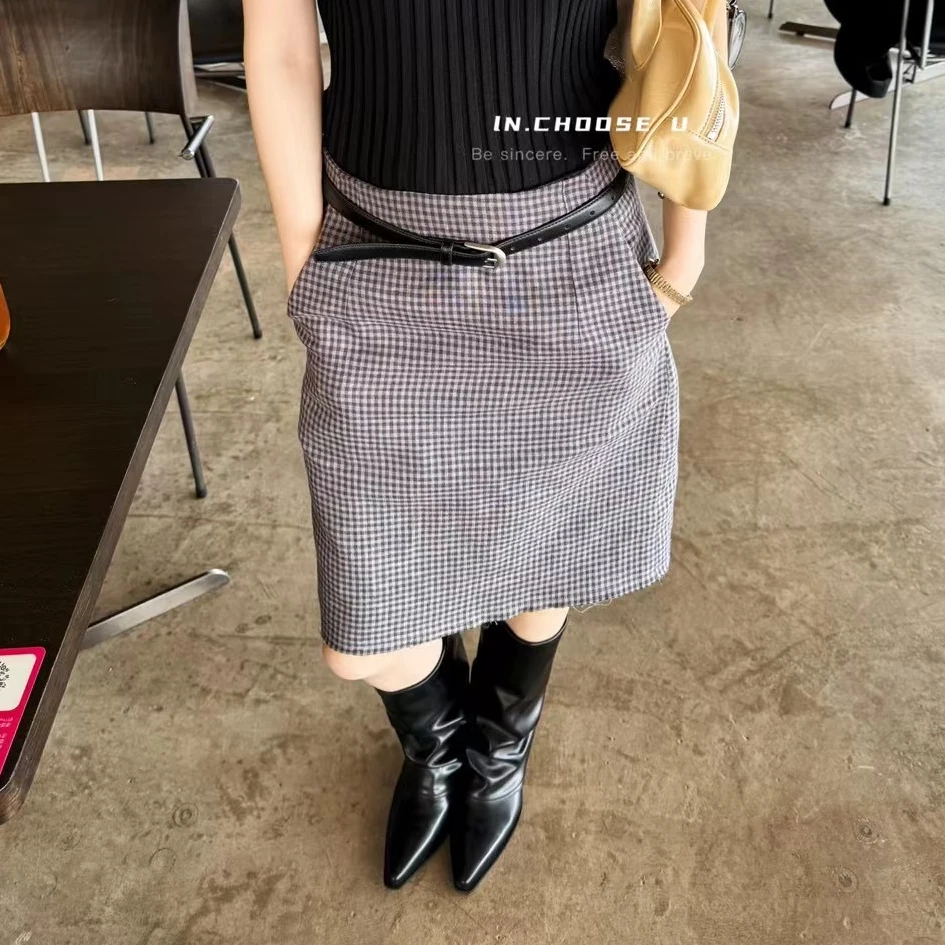 【清】逸语in choose u笑笑家2024韩版亚麻格子半身裙女87509