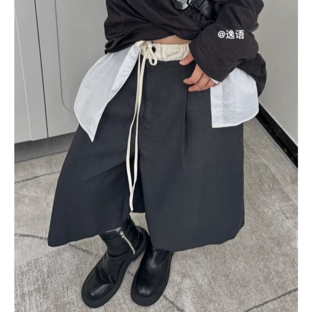 逸语2024秋季miu系设计感抽绳拼色中裤女宽松休闲七分西裤24398