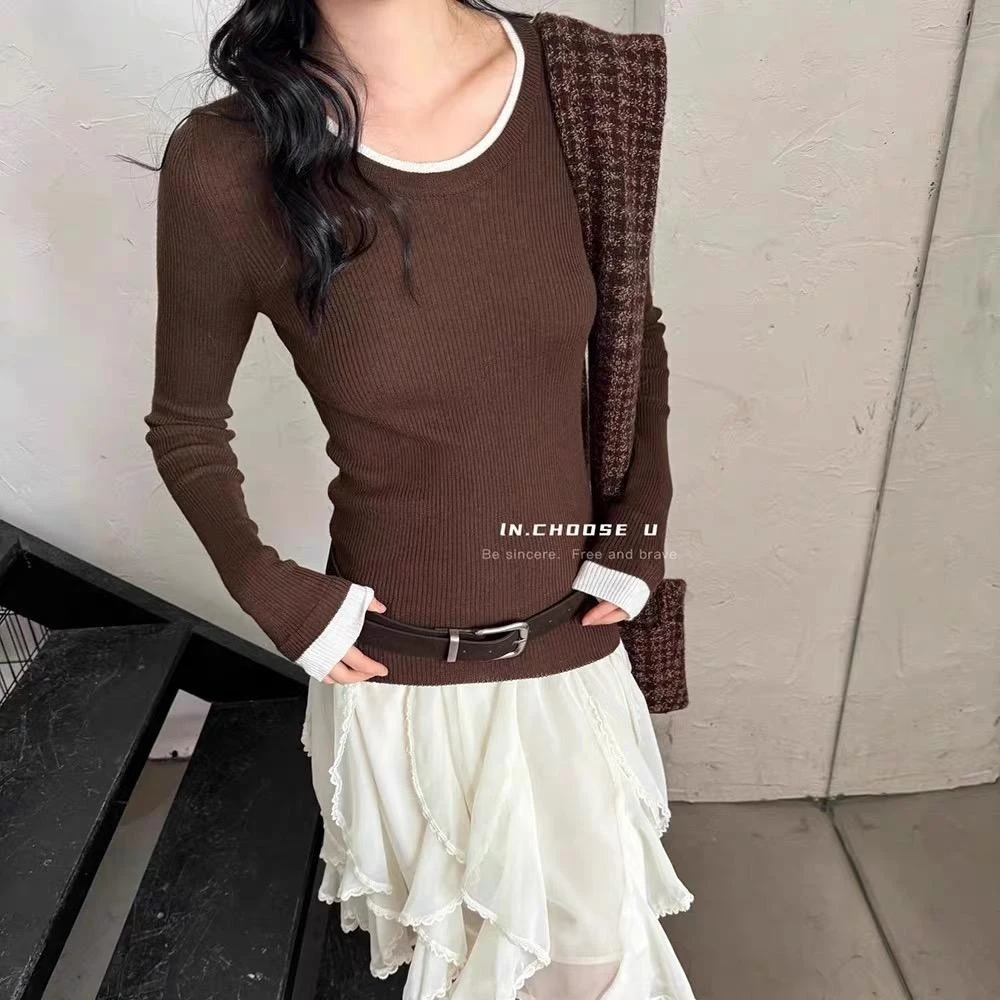 【清】IN choose u笑笑家2024拼色领口假两件圆领针织衫上衣女87619