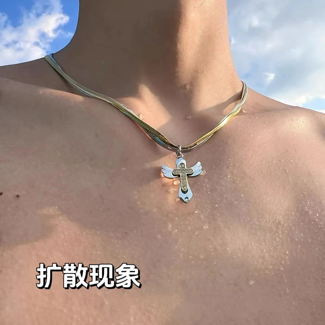 钛钢项链 曙光之翼双层十字架嘻哈小众设计感高级感钛钢轻奢项链