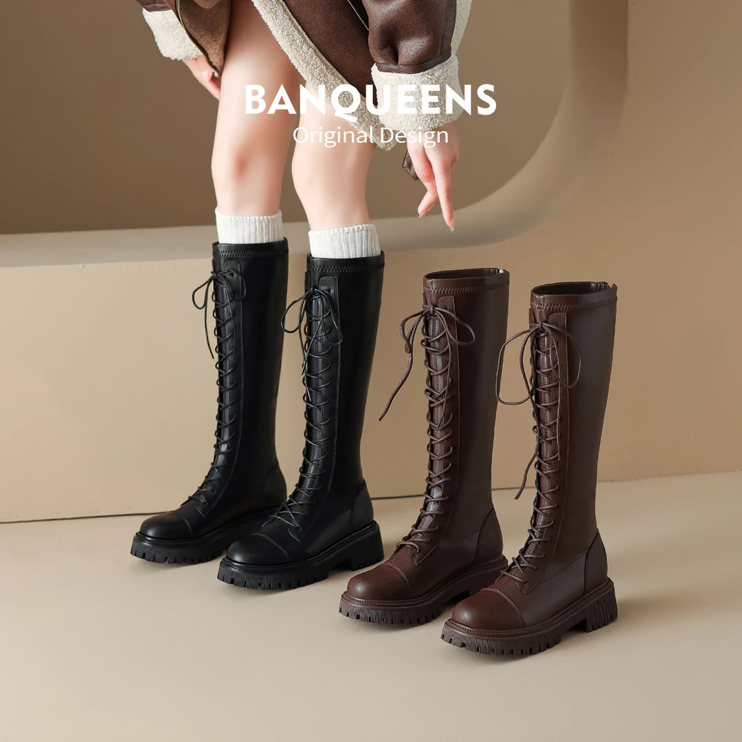 欧美正品靴子长筒靴女2024新款骑士靴显瘦长靴系带厚底高筒靴