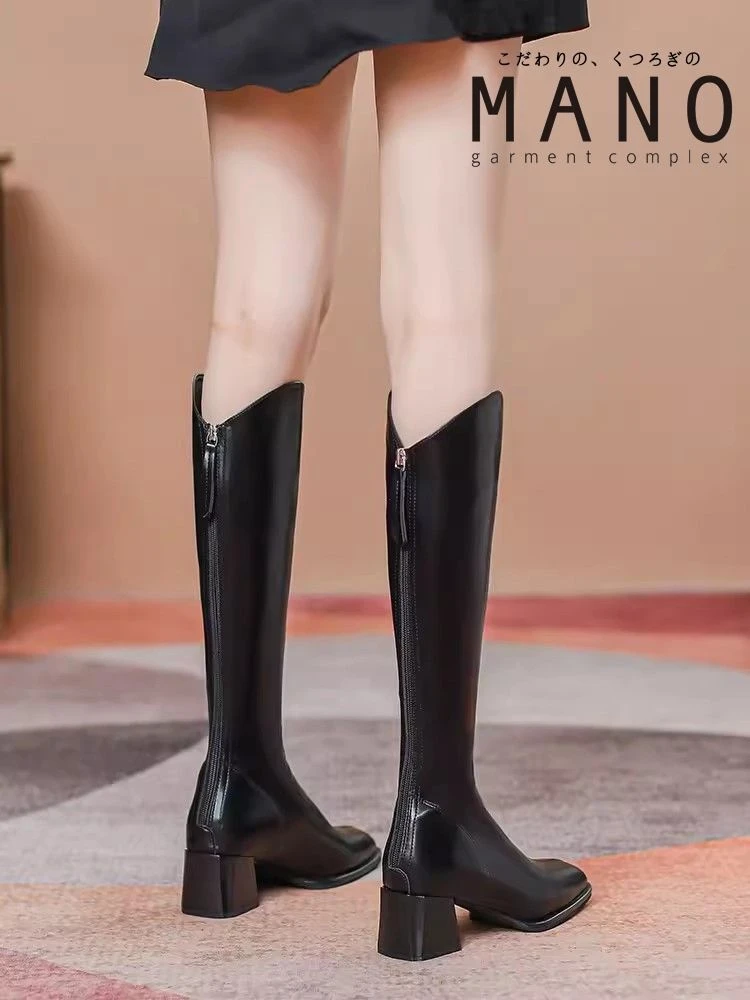 真皮v口长靴女2023新款秋冬方头粗跟瘦瘦靴黑色小个子长筒骑士靴