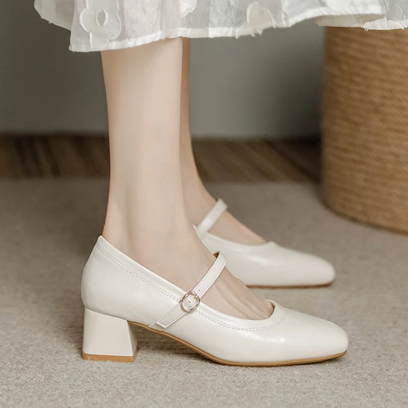 3-5厘米厚底炸街复古真皮单鞋玛丽珍方头一字带粗跟法式中跟女鞋