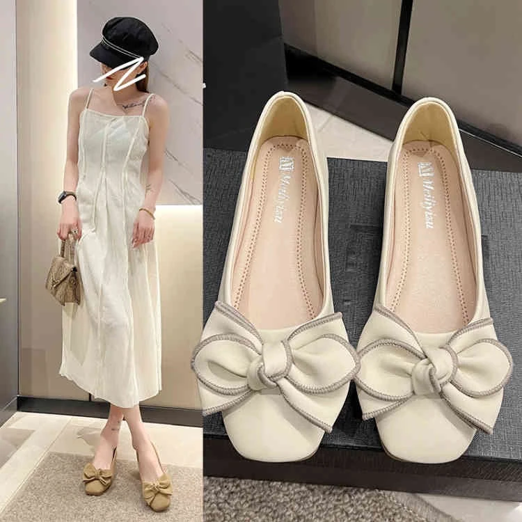 2025春季新款浅口单鞋女百搭软底仙女风蝴蝶结一脚蹬豆豆鞋春秋