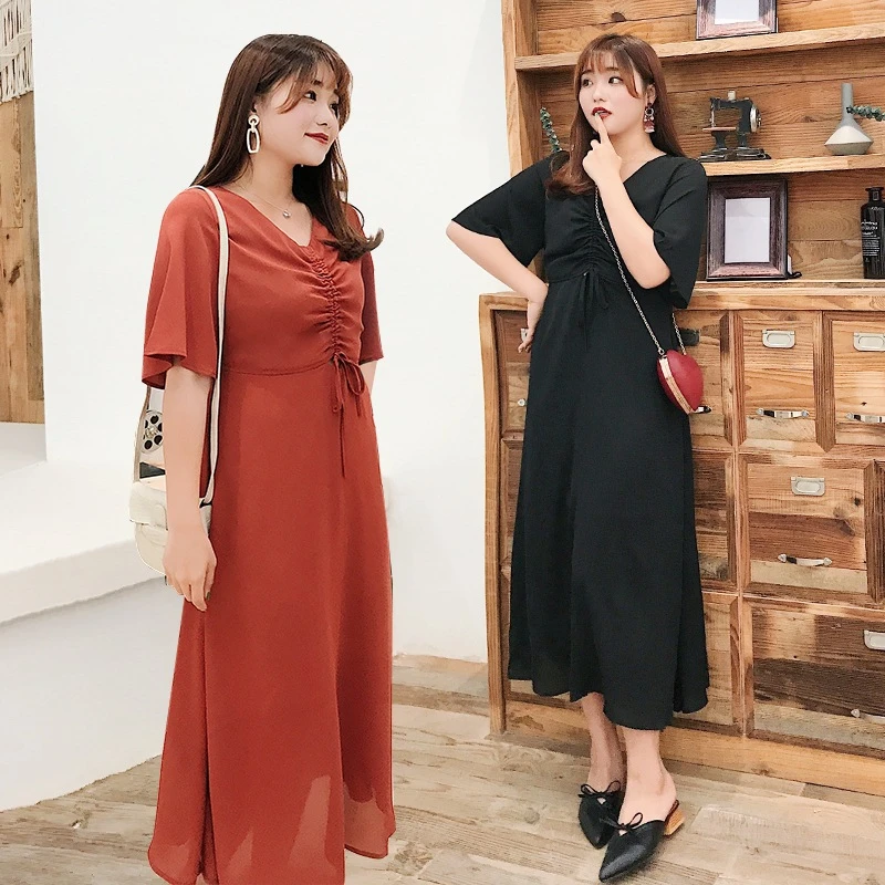 韩版女装240斤胖mm夏季新款气质仙女小众Ｖ领短袖雪纺连衣裙2043