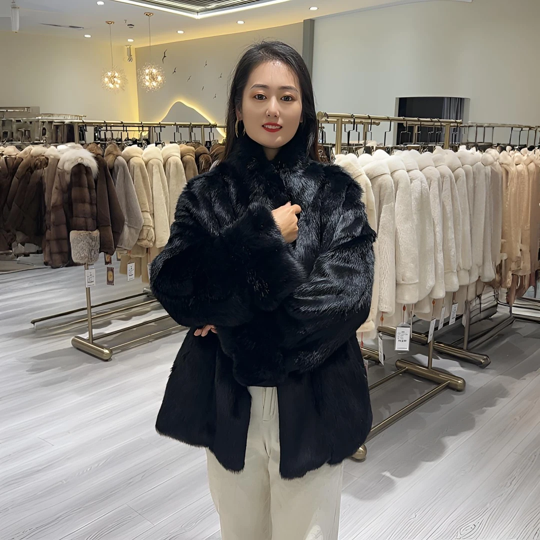 新款冬季加厚兔毛保暖外套轻奢时尚女士秋冬女款黑色皮毛一体