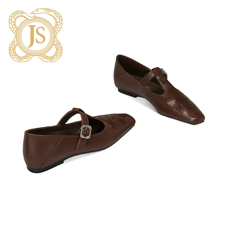 已开价，14Z33Q2889-9编织羊皮复古女鞋方头T字带平底玛丽珍单鞋女