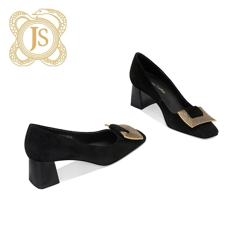 已开价，24Z63506方形金属扣浅口单鞋羊猄皮气质通勤风方头粗跟鞋