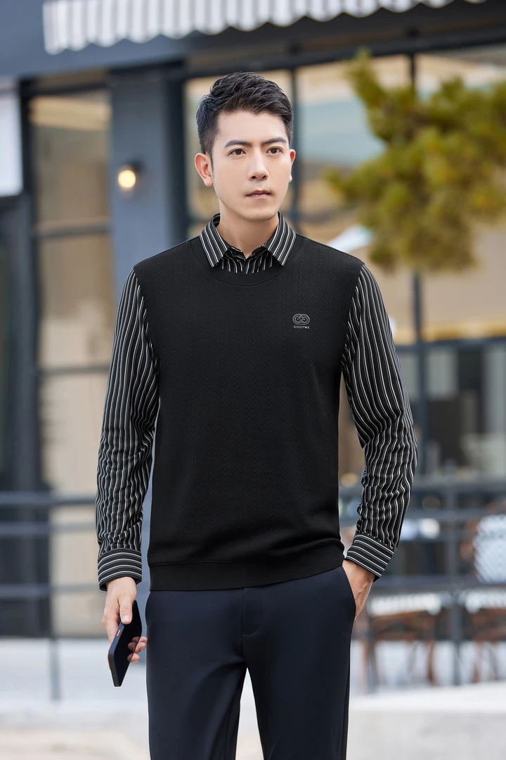 衬衫领假两件套长袖T恤男士条纹衬衣袖叠穿体恤春秋季男装打底衫