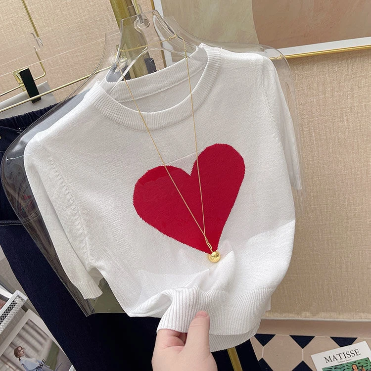 美式圆领修身洋气显瘦针织衫百搭时尚爱心短袖2024夏套头短款新款