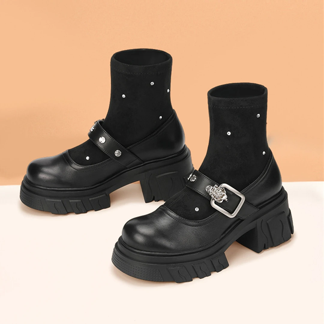 SATURDAYMODE玛丽珍弹力靴秋冬袜靴厚底短筒瘦瘦靴MD43116D10