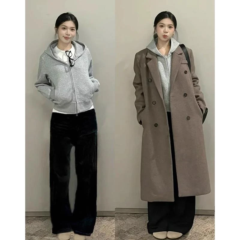 灰色短款连帽卫衣外套女秋冬新款加绒加厚修身时髦大衣内搭开衫