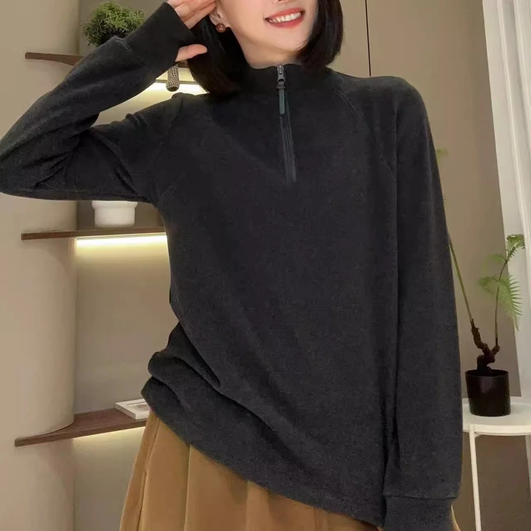2025春秋新款上衣女长袖半高领立领半拉链纯色时尚百搭套头打底衫