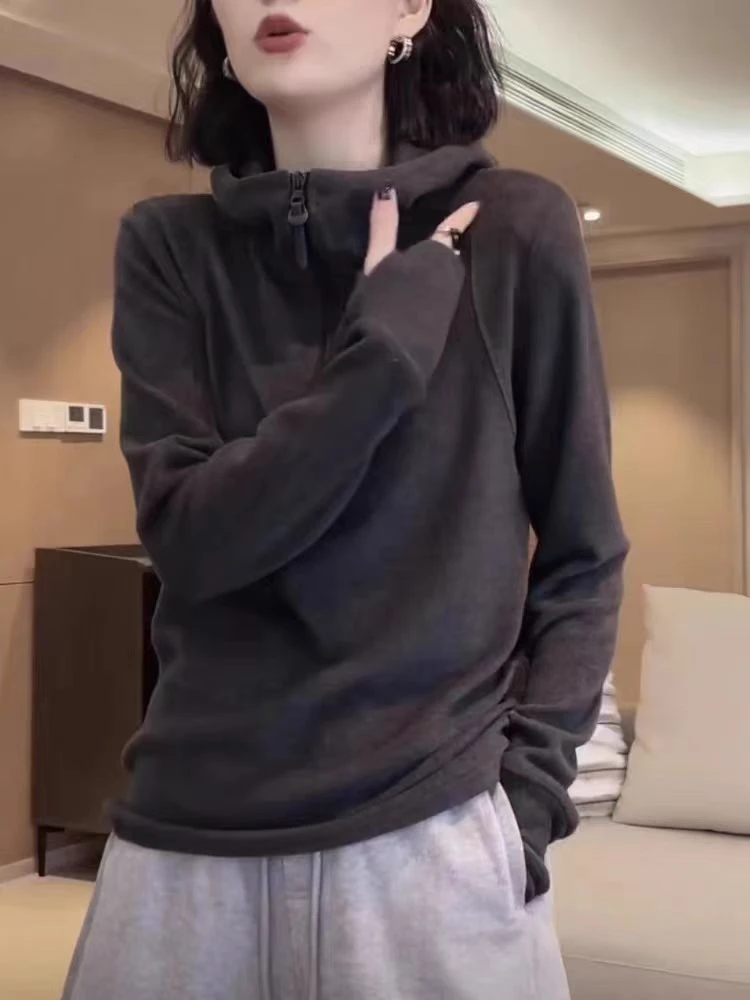 2025秋冬保暖德绒连帽卫衣休闲时尚百搭宽松显瘦纯色长袖拉链上衣
