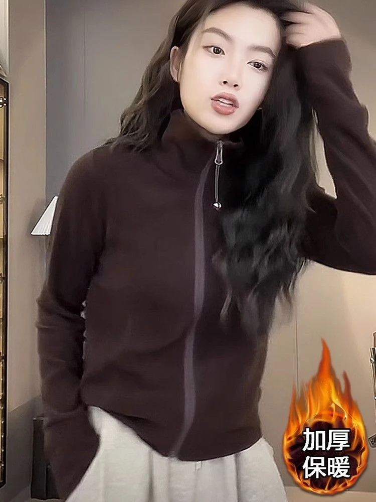 春季长袖拉链显瘦卫衣女秋冬新款设计感德绒立领百搭休闲开衫加厚
