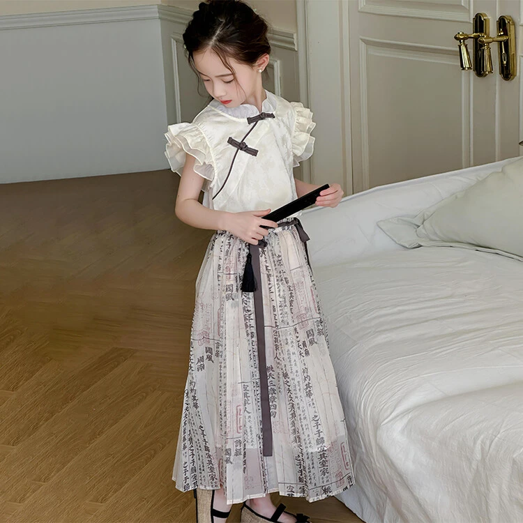 套装中国风夏季女童马面裙短袖两件套复古书法古风新中式洋气品质