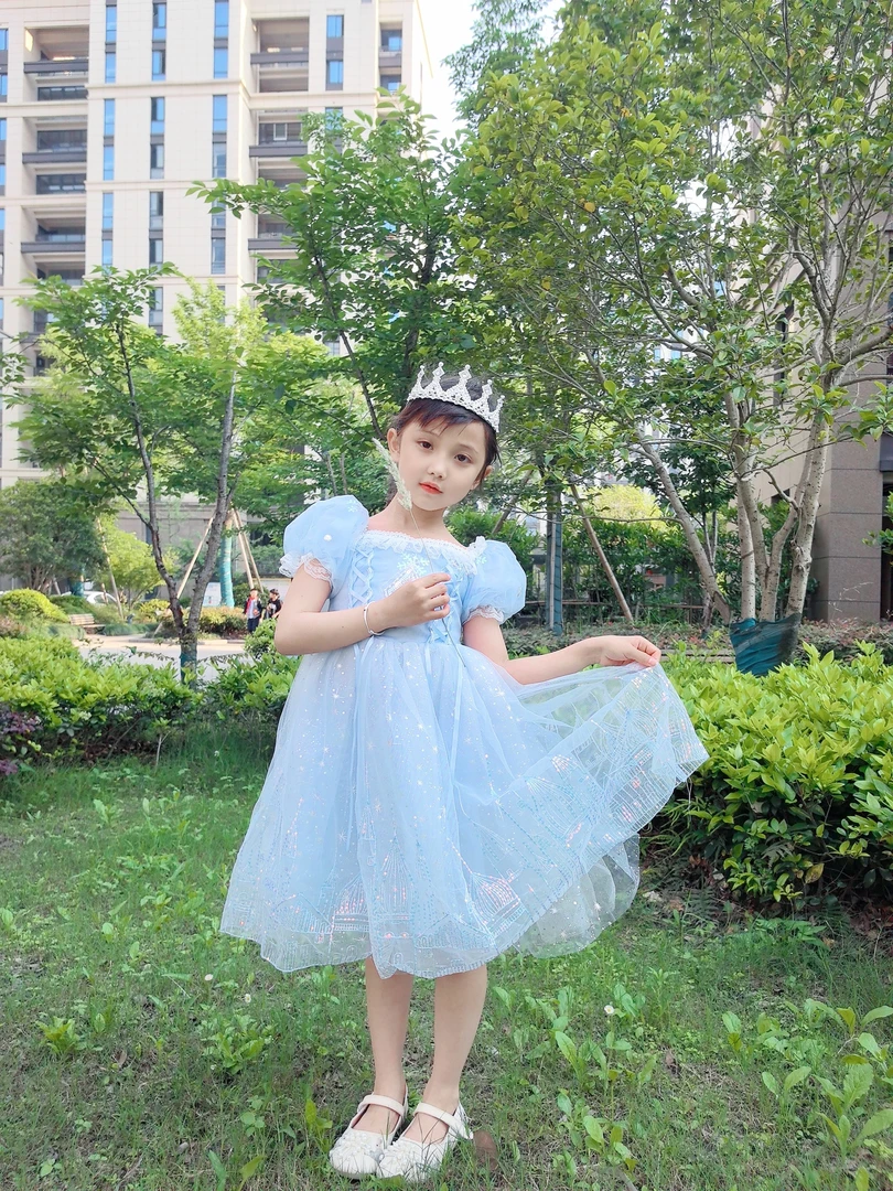 高定气质蕾丝带钻雪花女童爱莎夏装公主连衣裙洋气细闪女孩蓬蓬纱