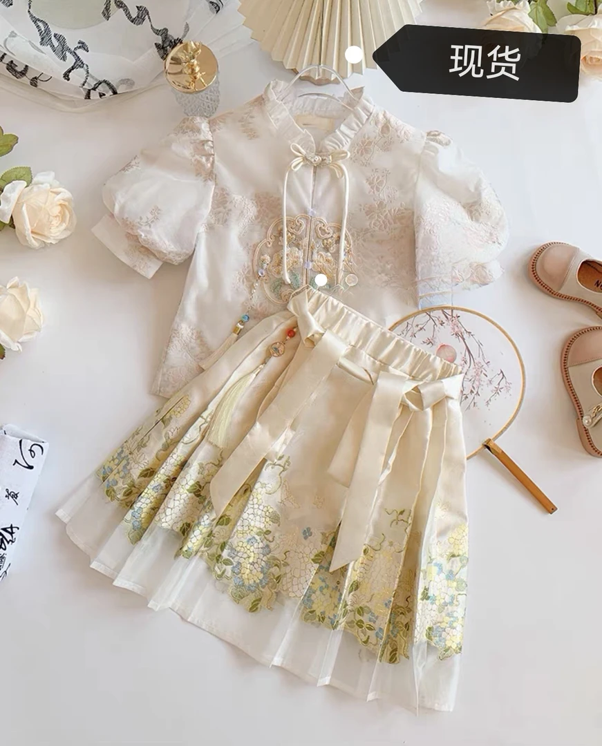 春夏新款短袖衬衫马面裙汉服儿童唐装洋气百搭女童国风新中式2024