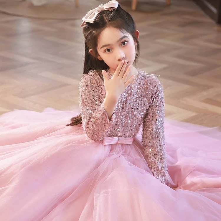 秋冬礼服公主裙花童生日女童长袖小主持人钢琴演奏高端秋粉色演出